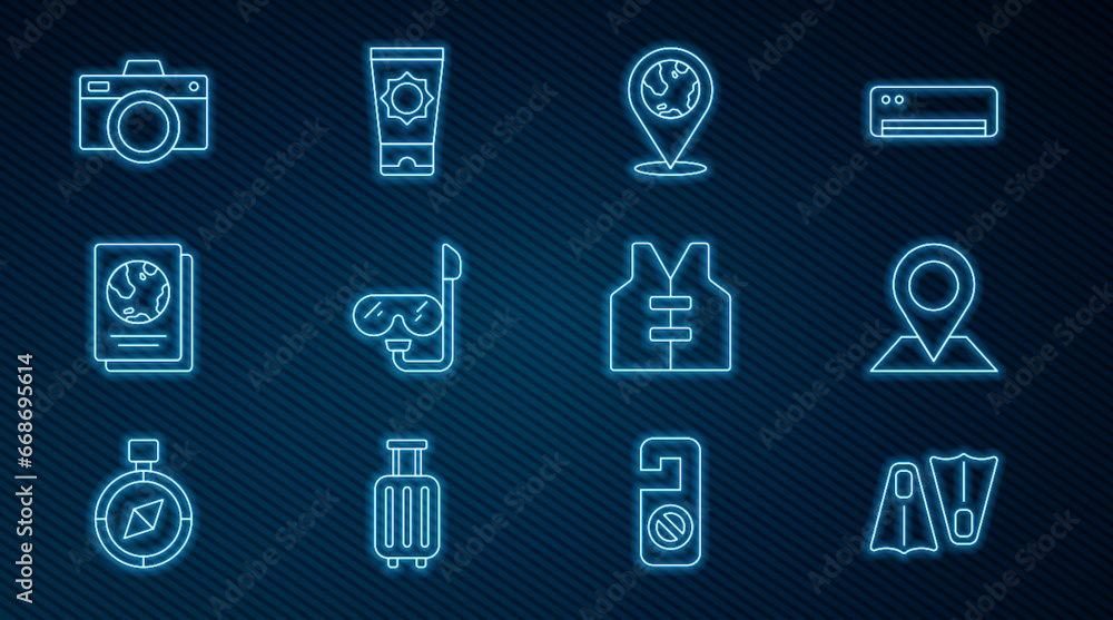 Set line Rubber flippers for swimming, Location, the globe, Diving mask and snorkel, Passport, Photo camera, Life jacket and Sunscreen cream tube icon. Vector Set line Rubber flippers for swimming, Location, the globe, Diving mask and snorkel, Passport, Photo camera, Life jacket and Sunscreen cream tube icon. Vector