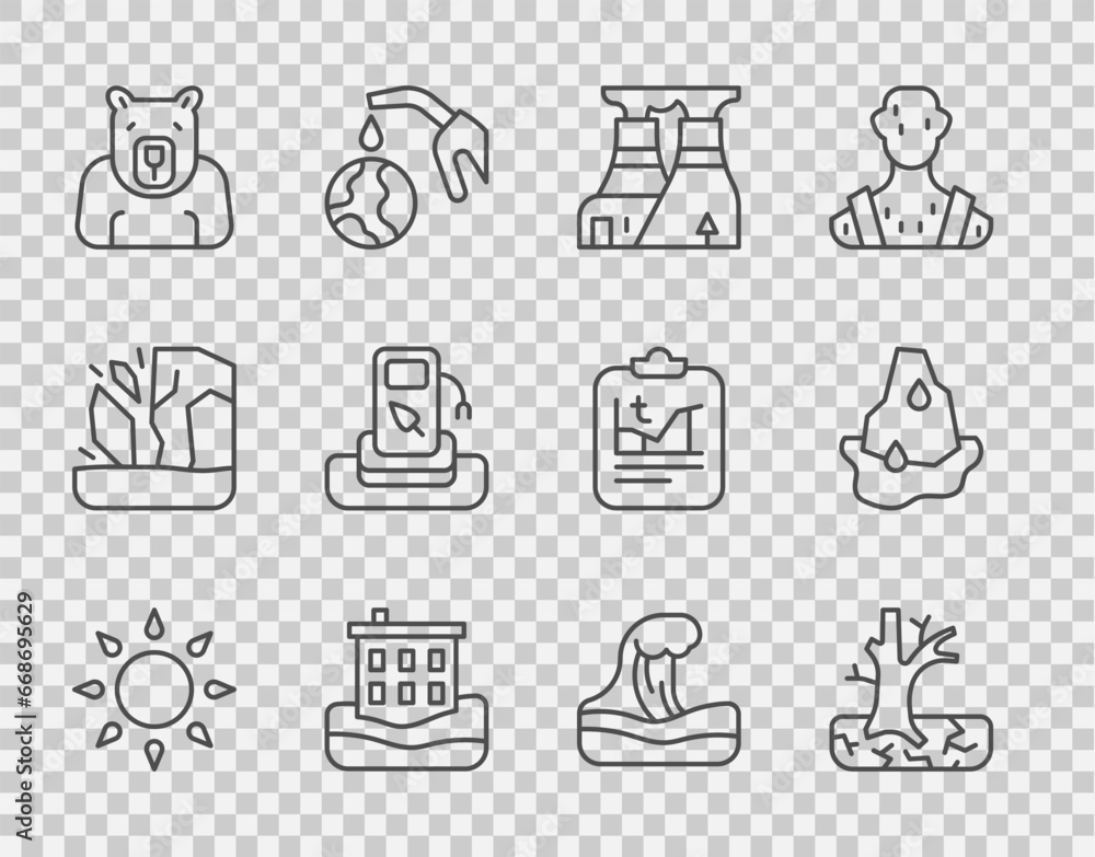 Set line Sun, Withered tree, Nuclear power plant, House flood, Polar bear head, Petrol or gas station, Tsunami and Glacier melting icon. Vector Set line Sun, Withered tree, Nuclear power plant, House flood, Polar bear head, Petrol or gas station, Tsunami and Glacier melting icon. Vector