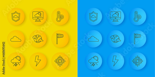 Set line Cloud with snow and sun, Earth planet clouds, Snowflake, Cone windsock wind vane, Weather forecast, Meteorology thermometer and icon. Vector