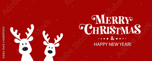 Cute Christmas reindeer on a red background. Christmas background, banner, or card.