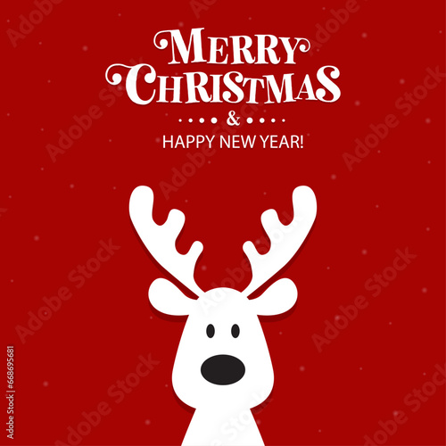 Cute Christmas reindeer on a red background. Christmas background, banner, or card.