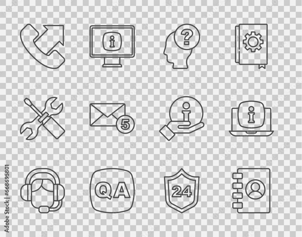Set line Woman with a headset, Address book, Head question mark, Question and Answer, Telephone 24 hours support, New, email incoming message, and Laptop information icon. Vector Set line Woman with a headset, Address book, Head question mark, Question and Answer, Telephone 24 hours support, New, email incoming message, and Laptop information icon. Vector