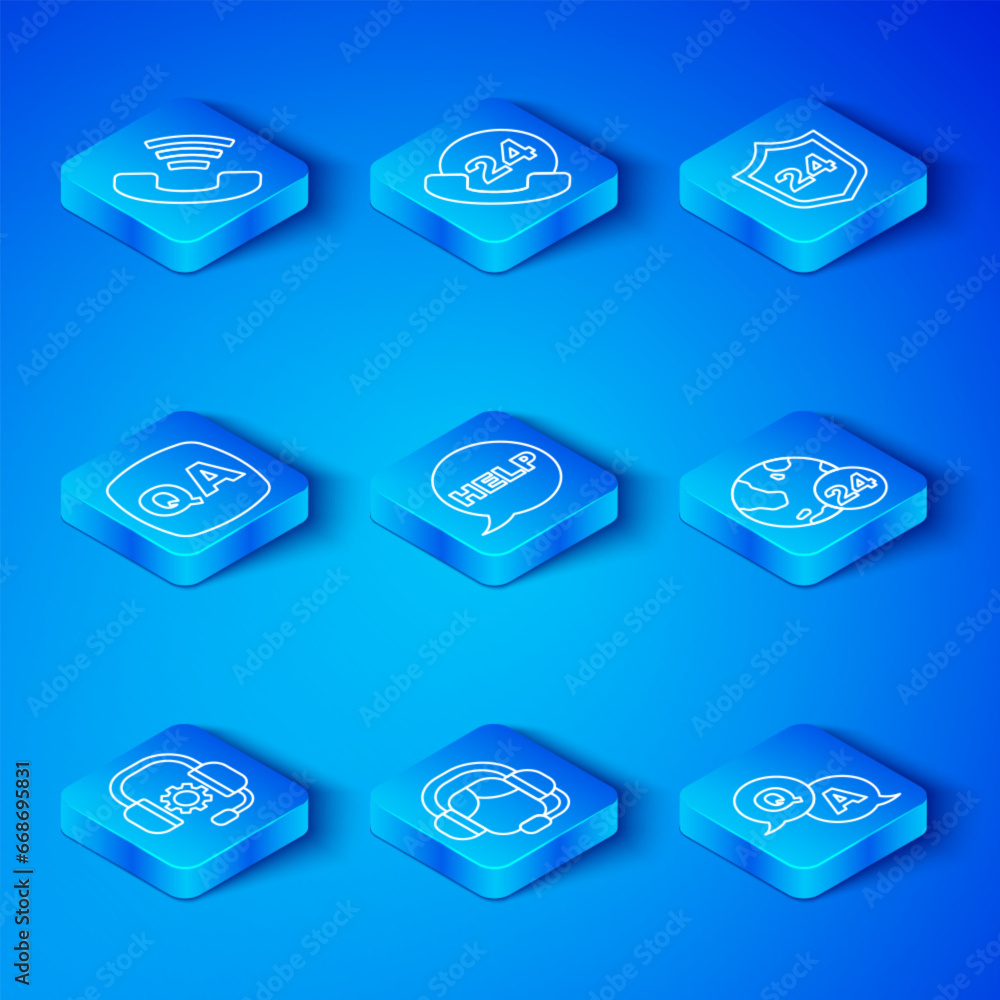 Set line Headphones, Speech bubble with text Help, Woman headset, Telephone 24 hours support, Question and Answer, and icon. Vector Set line Headphones, Speech bubble with text Help, Woman headset, Telephone 24 hours support, Question and Answer, and icon. Vector