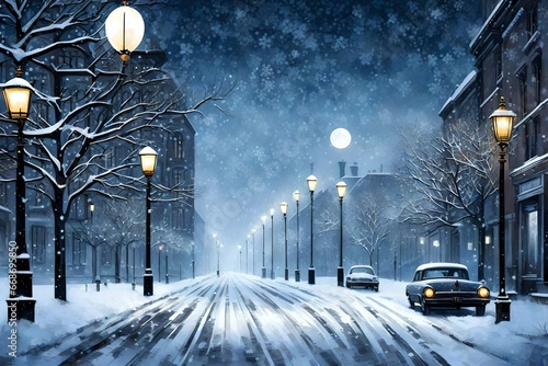 street lights glowing the way onwards in the  heavy snow fall  with  white trees  photo