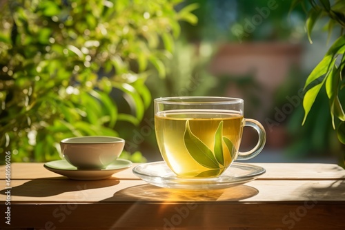 A cup of soothing white tea placed amidst lush surroundings under the gentle touch of dawn's light
