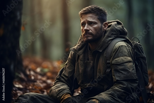 dirty tired soldier sitting in deep forest at autumn evening. Neural network generated image. Not based on any actual person or scene. © lucky pics