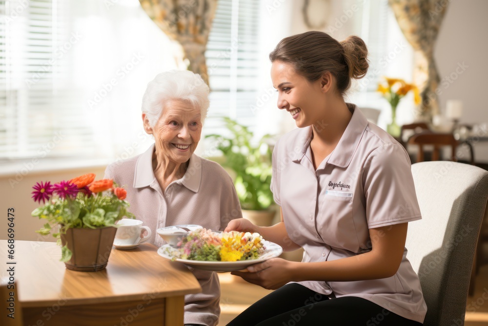 Caregiver helping a senior woman with her meal in a retirement home Caregiver helping a senior woman with her meal in a retirement home