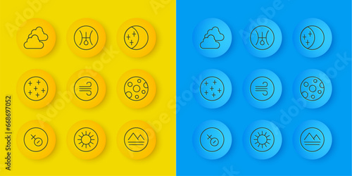 Set line Venus symbol, Full moon, Windy weather, Earth element, Cloudy, Eclipse of sun and Symbol Uranus icon. Vector