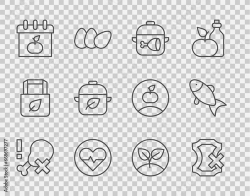 Set line No chicken leg, leather, Cooking pot and, Heart rate, World Vegetarian day, Vegan food diet, Sprout and Fish icon. Vector