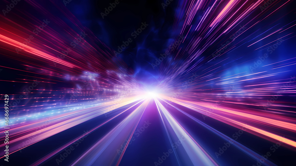 high speed technology concept background, light abstract background. Image of speed motion on the road. Abstract background in blue and purple neon glow colors - obrazy, fototapety, plakaty 