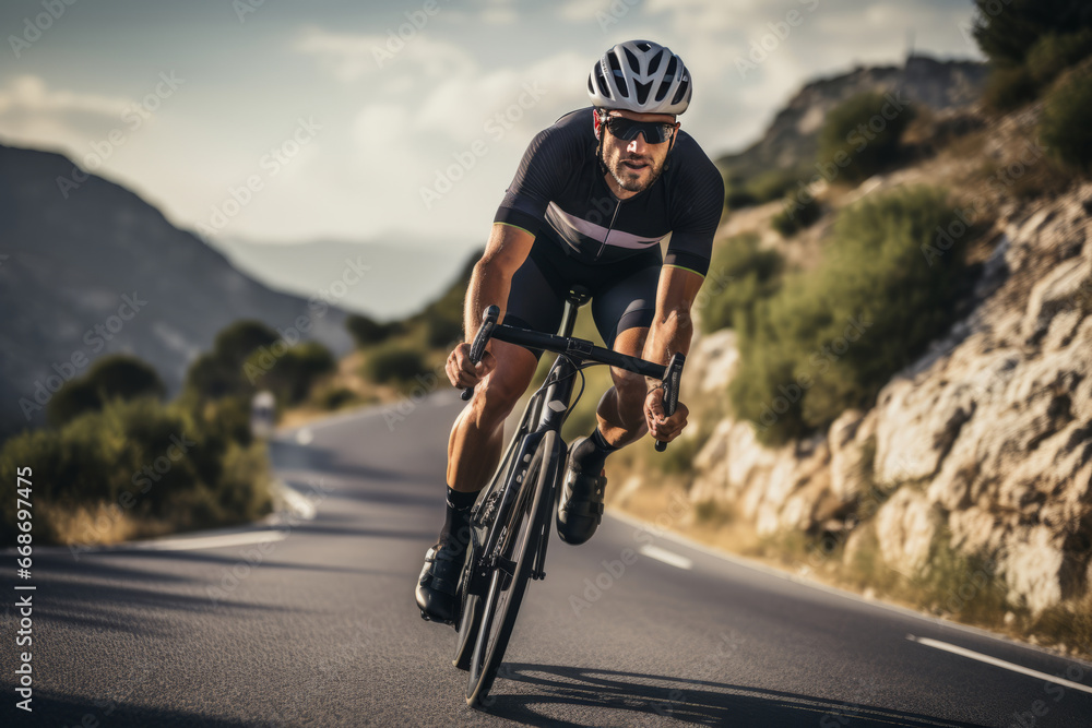 Close-up of cyclist taking lead on mountain climb Shot of a male cyclist using her phone while standing on a mountain road Close-up of cyclist taking lead on mountain climb Shot of a male cyclist using her phone while standing on a mountain road