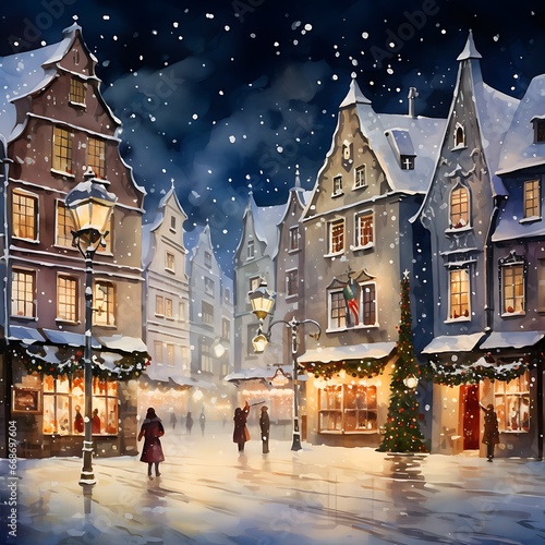 A Watercolor masterpiece a 1940s old town at Christmas with snow and bright lights
