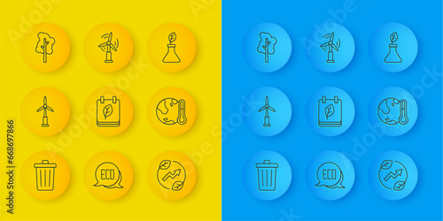 Set line Trash can, Wind turbine, Calendar with autumn leaves, Electric saving plug leaf, Earth melting to global warming, Tree, Plant breeding and icon. Vector
