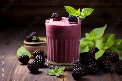A Delicious Homemade Blackberry Smoothie Presented on a Vintage Wooden Table with Fresh Ingredients