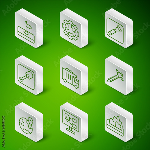 Set line Ore mining, Soil analysis, Flag, Mining dump truck, Shovel, Gear wheels and earth, Location on the globe and Construction jackhammer icon. Vector