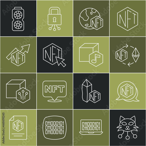 Set line NFT Digital crypto art, Ethereum exchange, growth bar chart, Video graphic card and icon. Vector