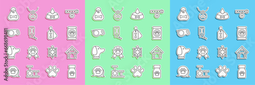 Set line Medicine bottle and pills, Dog house, Bag of food for pet, Pet bowl cat dog, Drinker small pets, Retractable cord leash, collar with bone and icon. Vector