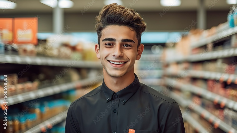 Young worker at supermarket made with Ai generative technology, Person is fictional Young worker at supermarket made with Ai generative technology, Person is fictional