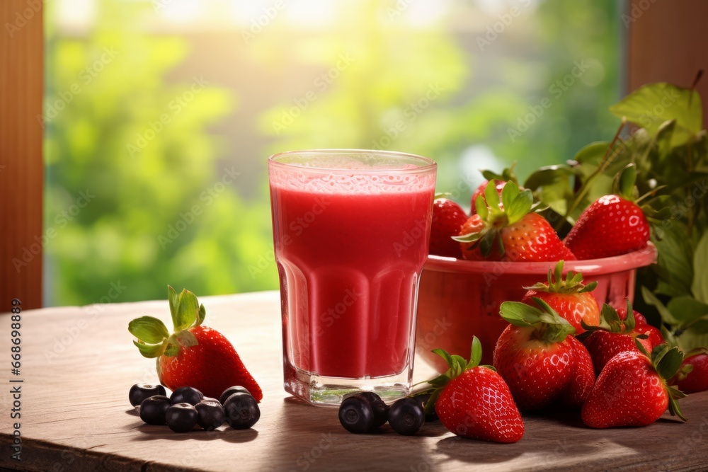 A Vibrant Blend of Freshly Squeezed Strawberry and Grape Juice in a Sunny Kitchen A Vibrant Blend of Freshly Squeezed Strawberry and Grape Juice in a Sunny Kitchen