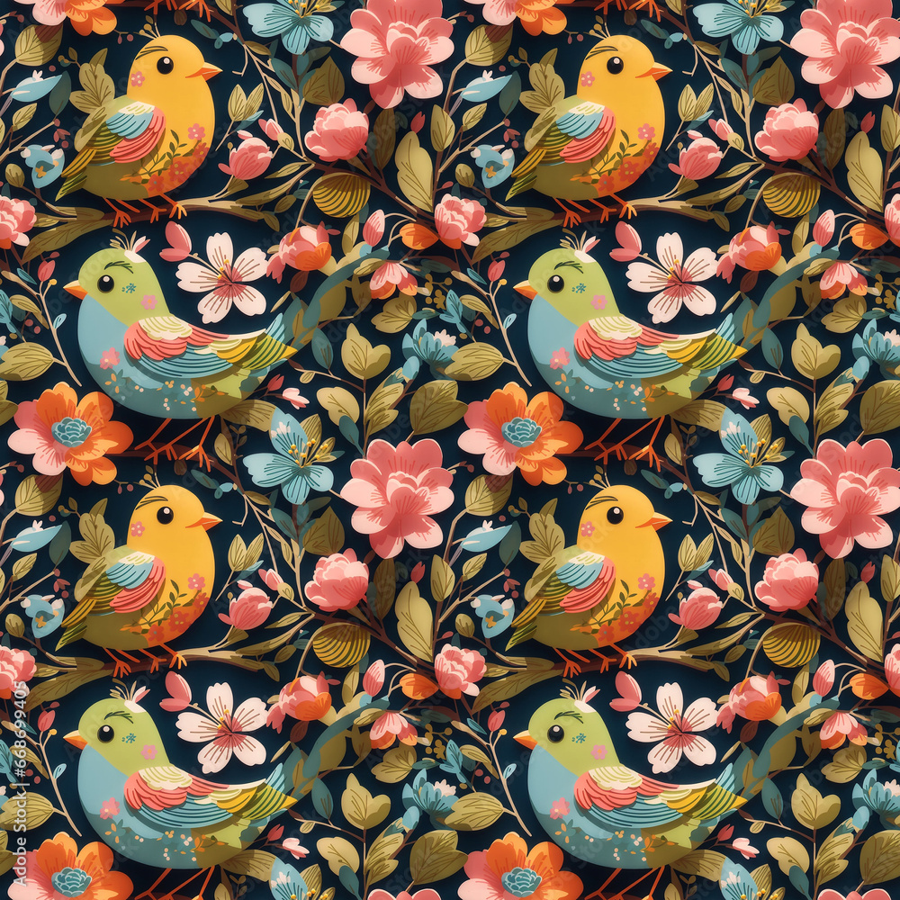 bird and flower theme seamless pattern, seamless pattern - generative ai bird and flower theme seamless pattern, seamless pattern - generative ai