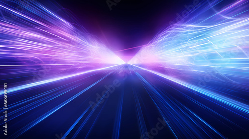 high speed technology concept background, light abstract background. Image of speed motion on the road. Abstract background in blue and purple neon glow colors