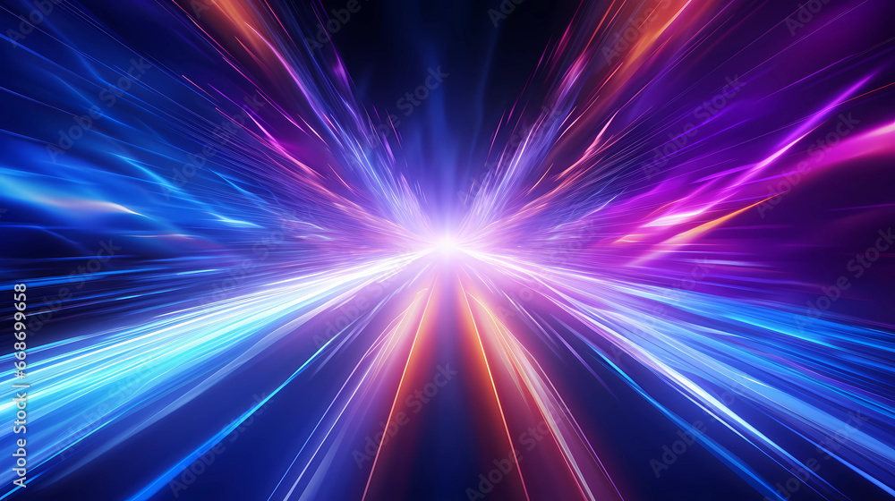 high speed technology concept background, light abstract background. Image of speed motion on the road. Abstract background in blue and purple neon glow colors