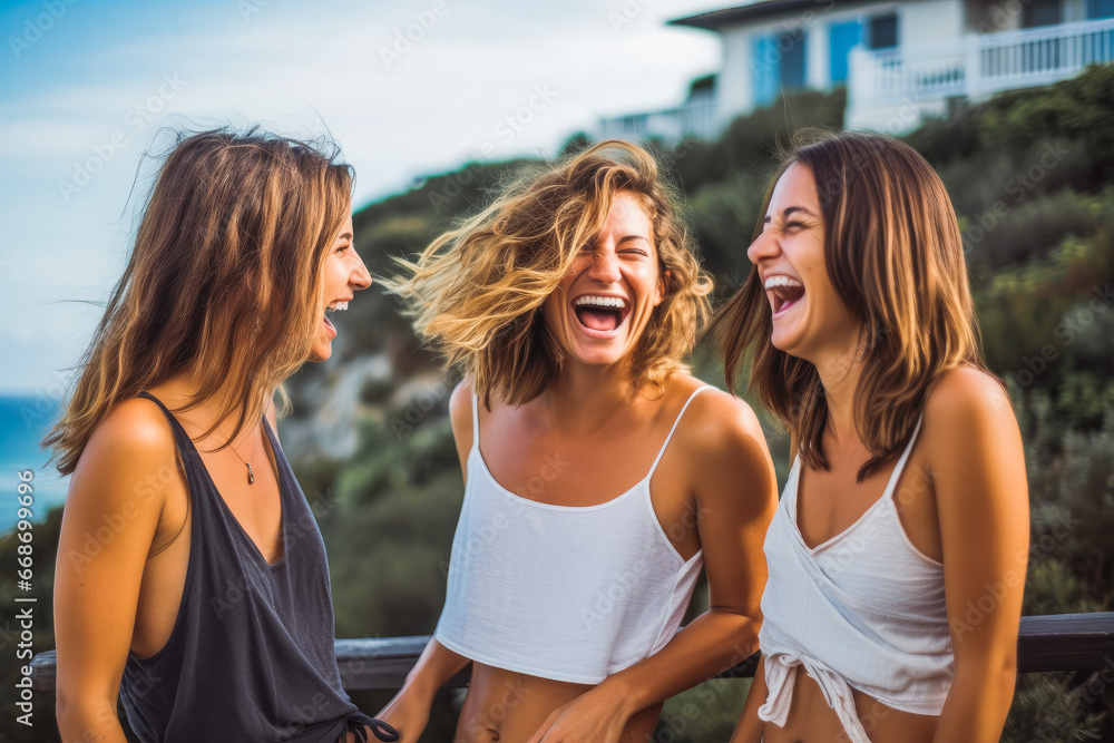 Friends laughing together on vacation. Group of happy friend together on vacation at beach. Friends laughing together on vacation. Group of happy friend together on vacation at beach.