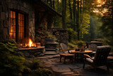 Cafe in the forest at sunset. Wooden furniture, chairs and a fireplace