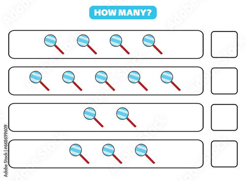 How many magnifying glass are there? Educational worksheet design for children. Counting game for kids.