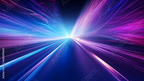 high speed technology concept background, light abstract background. Image of speed motion on the road. Abstract background in blue and purple neon glow colors