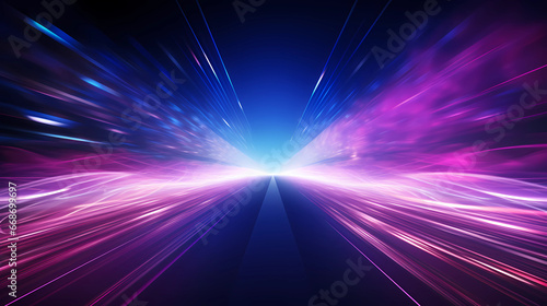 high speed technology concept background, light abstract background. Image of speed motion on the road. Abstract background in blue and purple neon glow colors