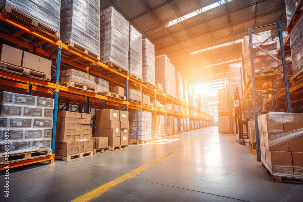 Warehouse with high shelves filled with goods stored on big industrial shelves. Industrial shipment center. Warehouse with high shelves filled with goods stored on big industrial shelves. Industrial shipment center.