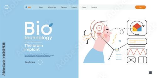 Bio Technology, Brain implant, Neural upgrade -modern flat vector concept illustration of brain implant, integration, enhanced cognitive abilities. Pushing boundaries of potential, neural upgrades