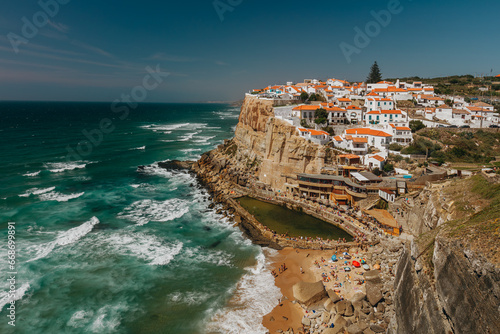 Iconic view over Azenhas do Mar, a seaside town (residential neighborhood) in the municipality of Sintra, Portugal.