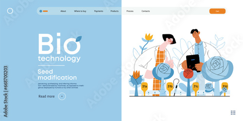 Bio Technology, Seed Modification -modern flat vector concept illustration of scientists analysing genetic modificated variants of a plant. Metaphor of direct impact of GMO on vegetation