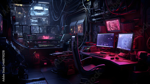 Messy and dark hi-tech cyberpunk hacker hideout room. Neural network generated image. Not based on any actual person or scene.