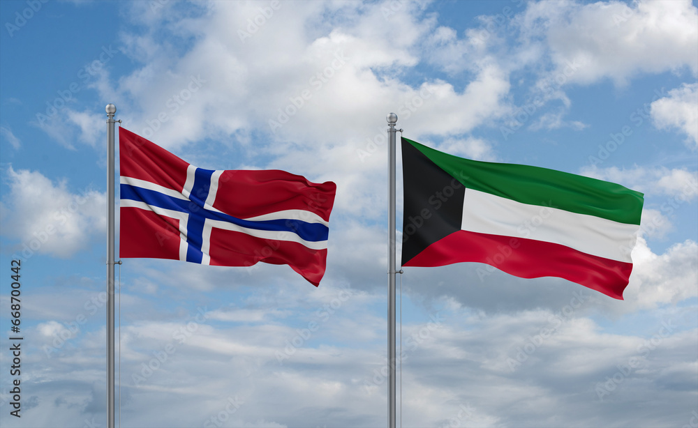 Kuwait and Norway flags, country relationship concept