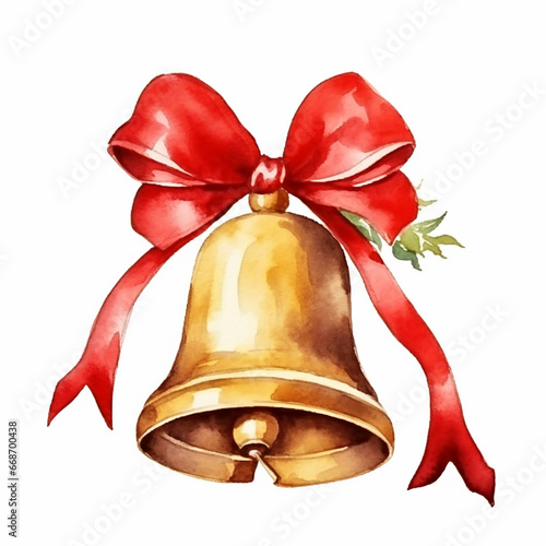 Golden bell Christmas holiday card decor on white background watercolor paint. Generated AI
