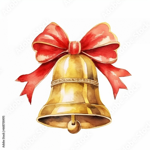 Golden bell Christmas holiday card decor on white background watercolor paint. Generated AI photo