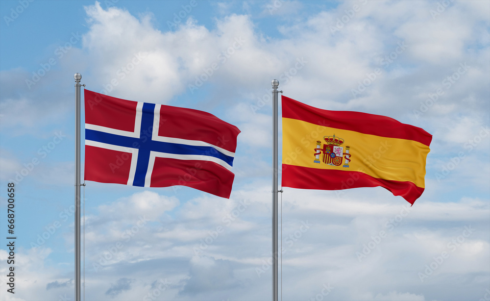 Spain and Norway flags, country relationship concept Spain and Norway flags, country relationship concept