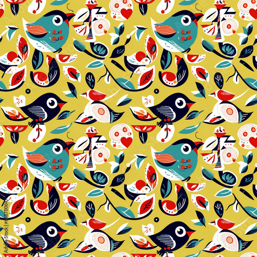 bird and flower theme seamless pattern  seamless pattern - generative ai