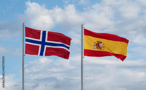 Spain and Norway flags, country relationship concept