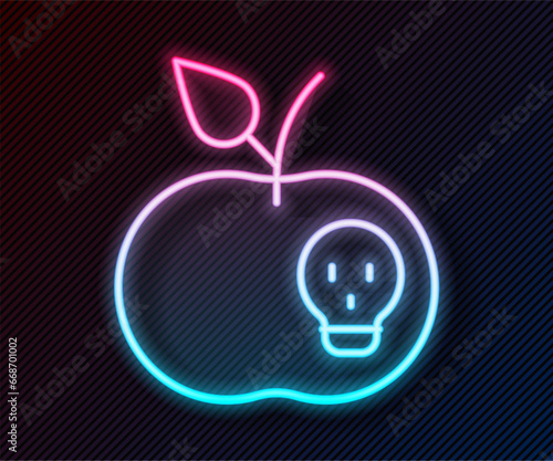 Glowing neon line Poison apple icon isolated on black background. Poisoned witch apple. Vector