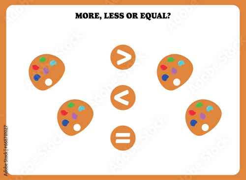 More less or equal. Educational math game for kids. Printable worksheet design for preschool, kindergarten or elementary students. Activity page for children.