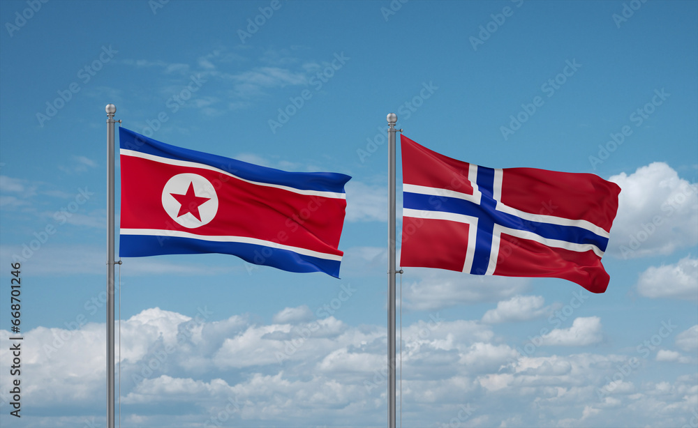 Norway and North Korea flags, country relationship concept
