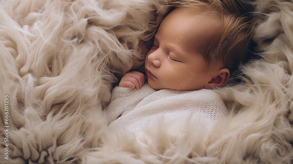 Cute newborn baby sleeping on fluffy blanket, portrait. Childhood, innocence, childbirth. Cute newborn baby sleeping on fluffy blanket, portrait. Childhood, innocence, childbirth.