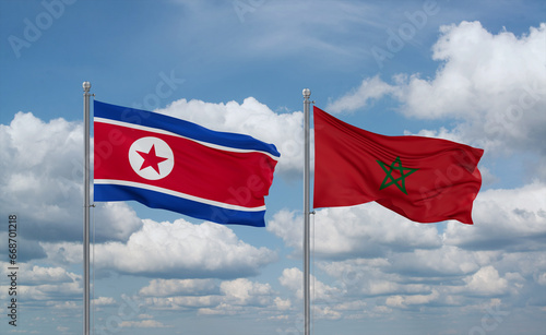 Morocco and North Korea flags, country relationship concept