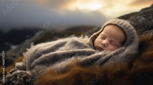 Cute newborn baby sleeping on fluffy blanket, portrait. Childhood, innocence, childbirth. 