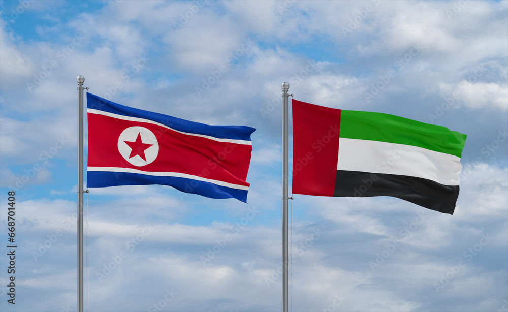 UAE and North Korea flags, country relationship concept UAE and North Korea flags, country relationship concept