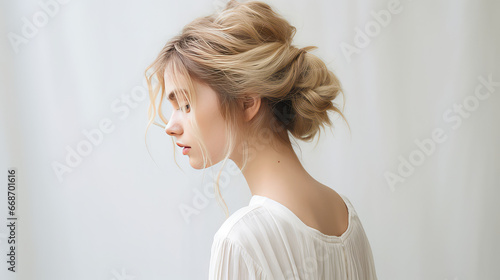 Messy dreamy low bun hairstyle for woman. Female hairstyle free bun, copy space.
